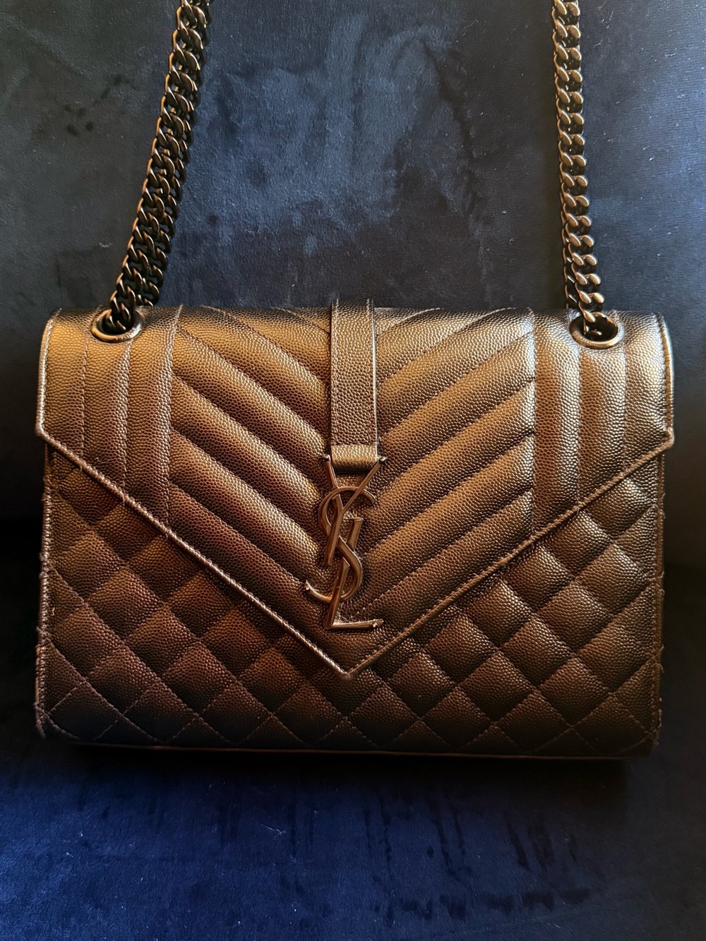 Saint Laurent Black Leather Triquilt Envelope Shoulder Bag with Chain